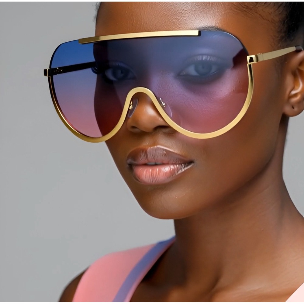 Oversized Shield Sunglasses Blue-Pink Gradient Lens Gold Frame Designer Style
